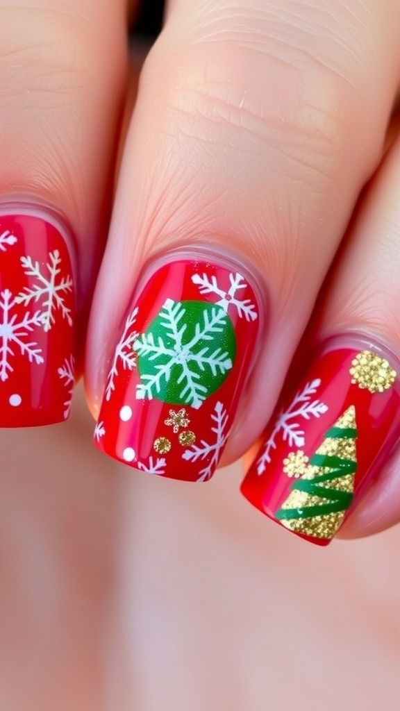 Short nails with red, green, and glitter designs for Christmas and New Year